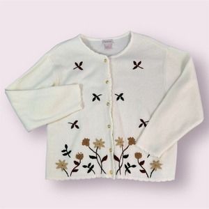 Vintage 90s Crystal Kobe Women L Ivory Cardigan Floral Embroidery Cottage Granny